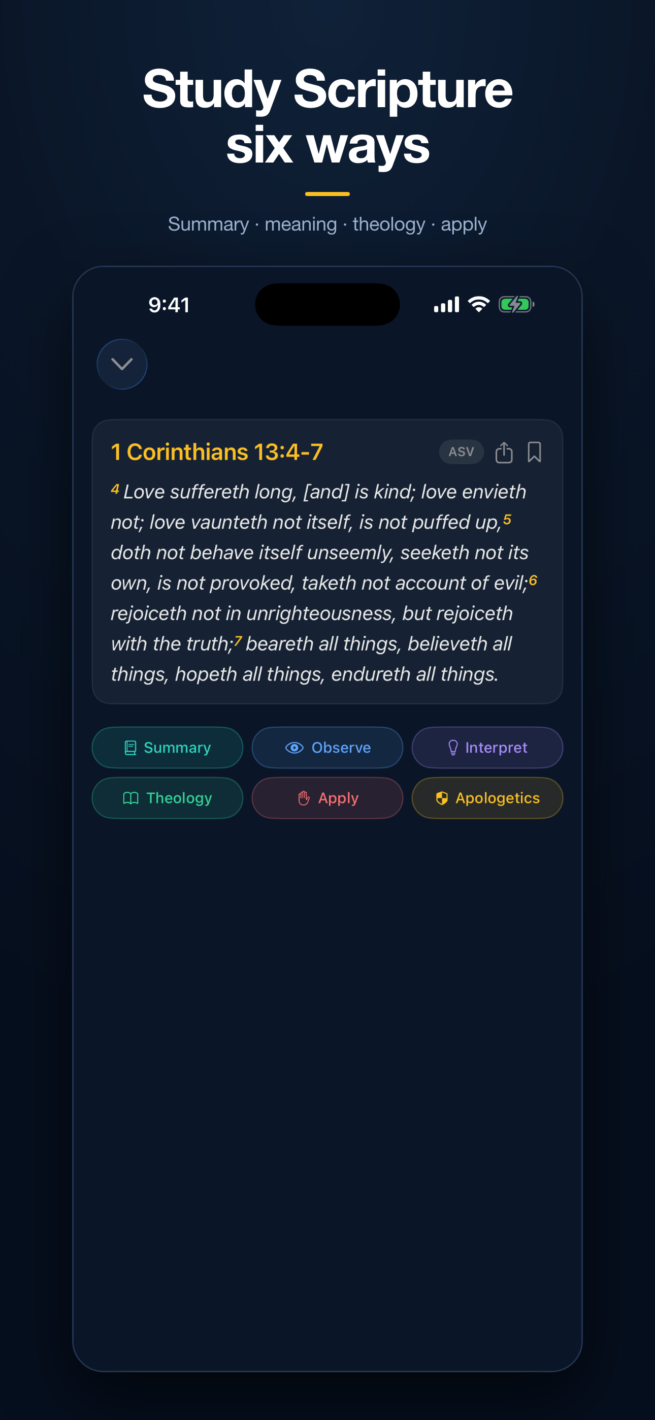 Published Bible Copilot App Store screenshot showing 1 Corinthians 13:4–7 in the American Standard Version and six study mode buttons.
